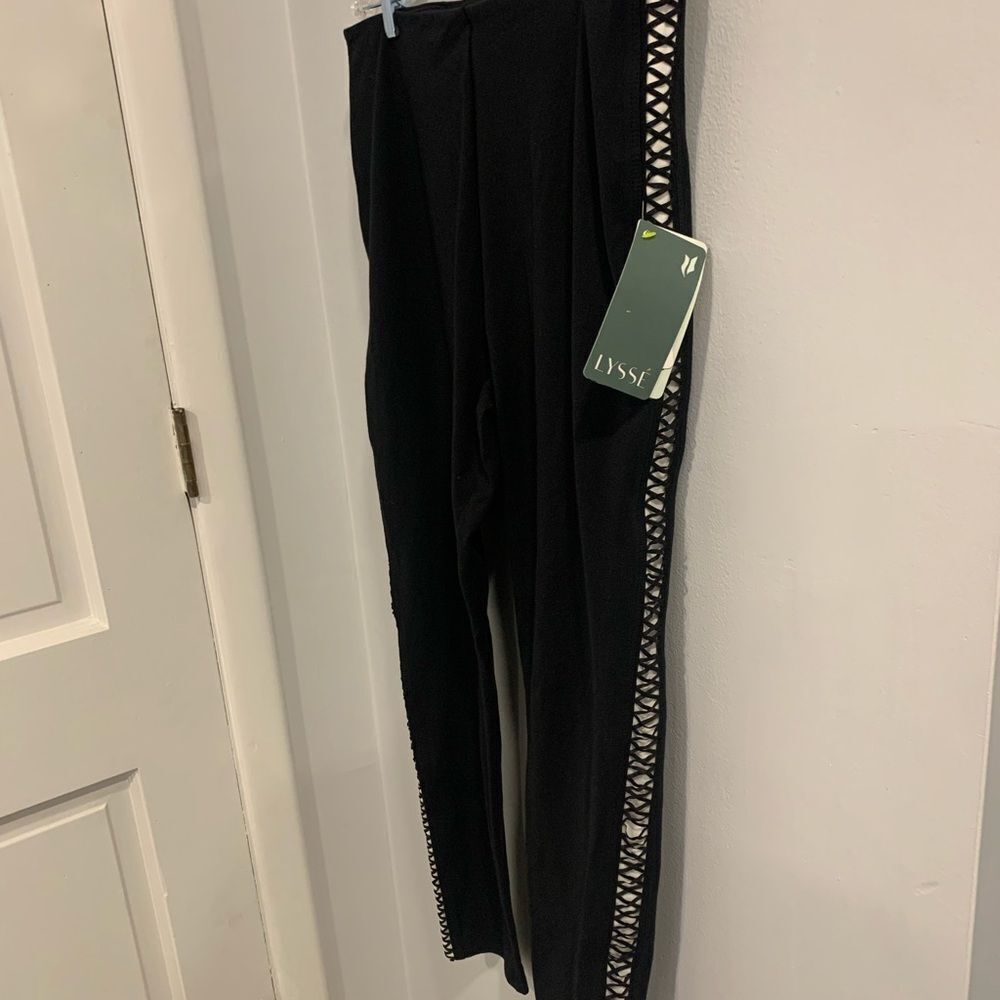 Lysse Black Cropped Ankle Pants with Lattice Sporty Stripe